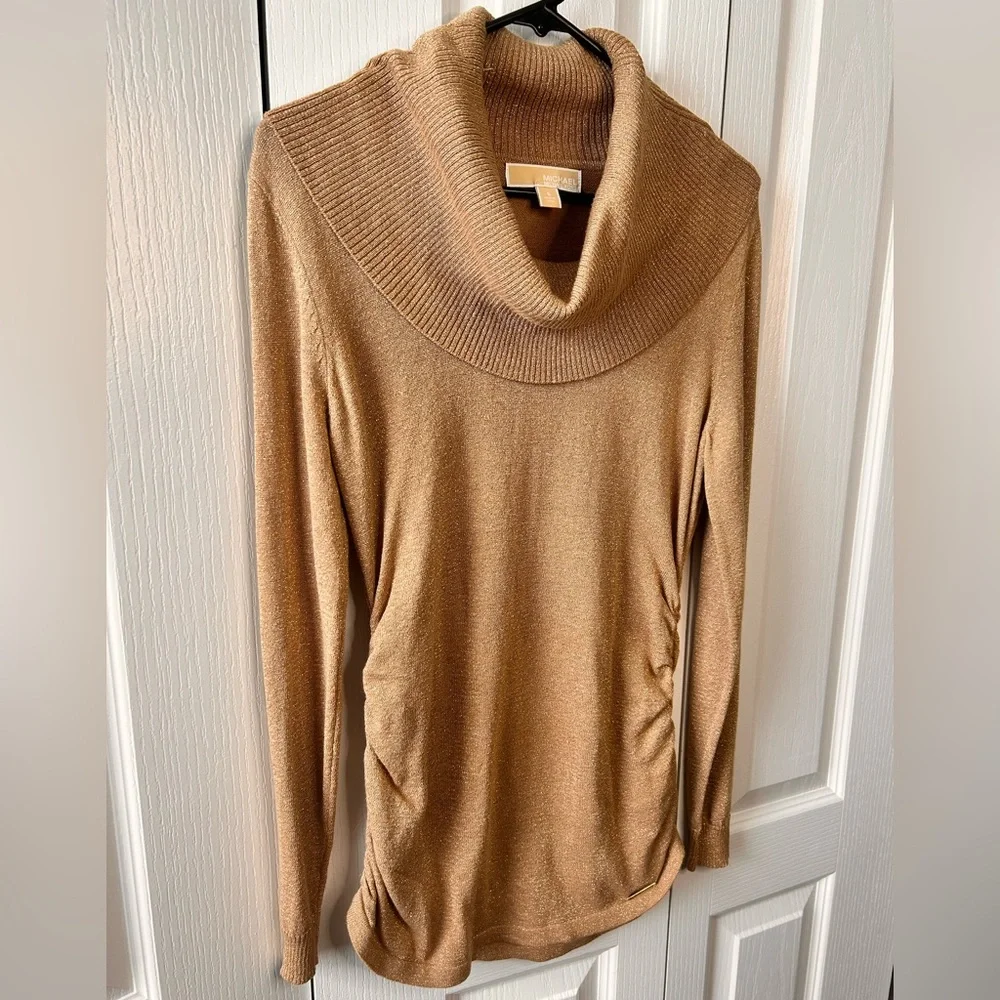MICHAEL Michael Kors Metallic‎ Gold Cowl Neck Sweater Ruched Sides Small Stretch